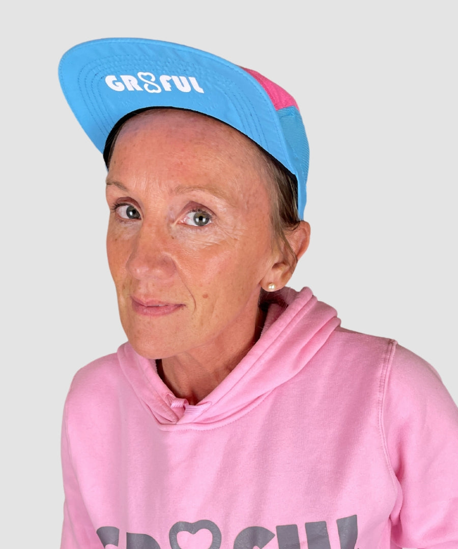 Blue and Pink Cap side view 