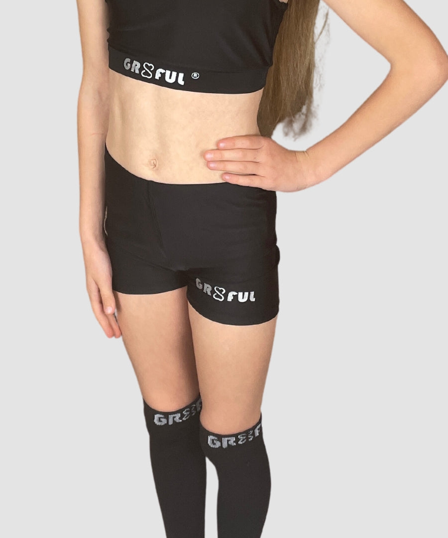 girls black running shorts