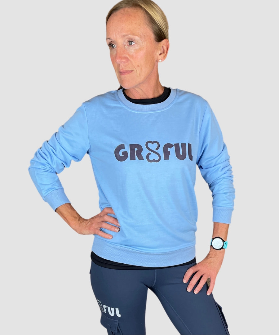Blue sweatshirt with gr8ful logo